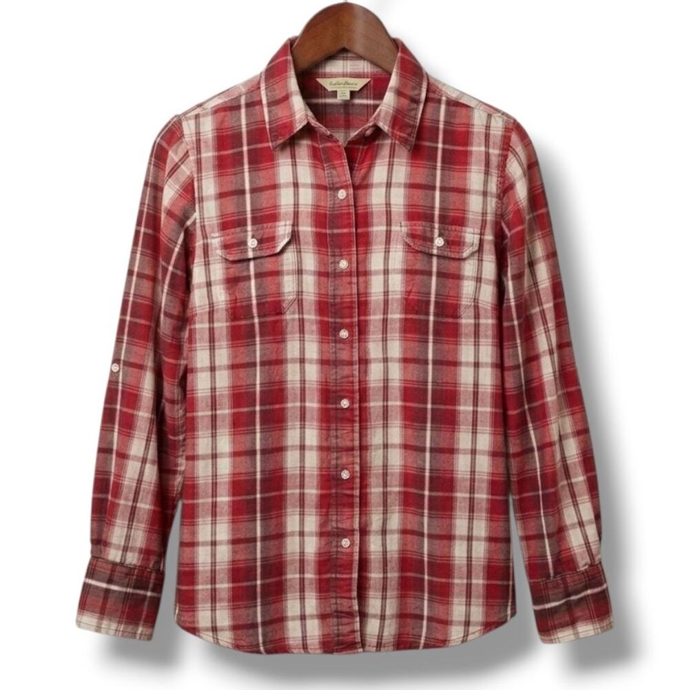 Weekends Women's Size M Red White Plaid Roll-Tab Button Down Shirt